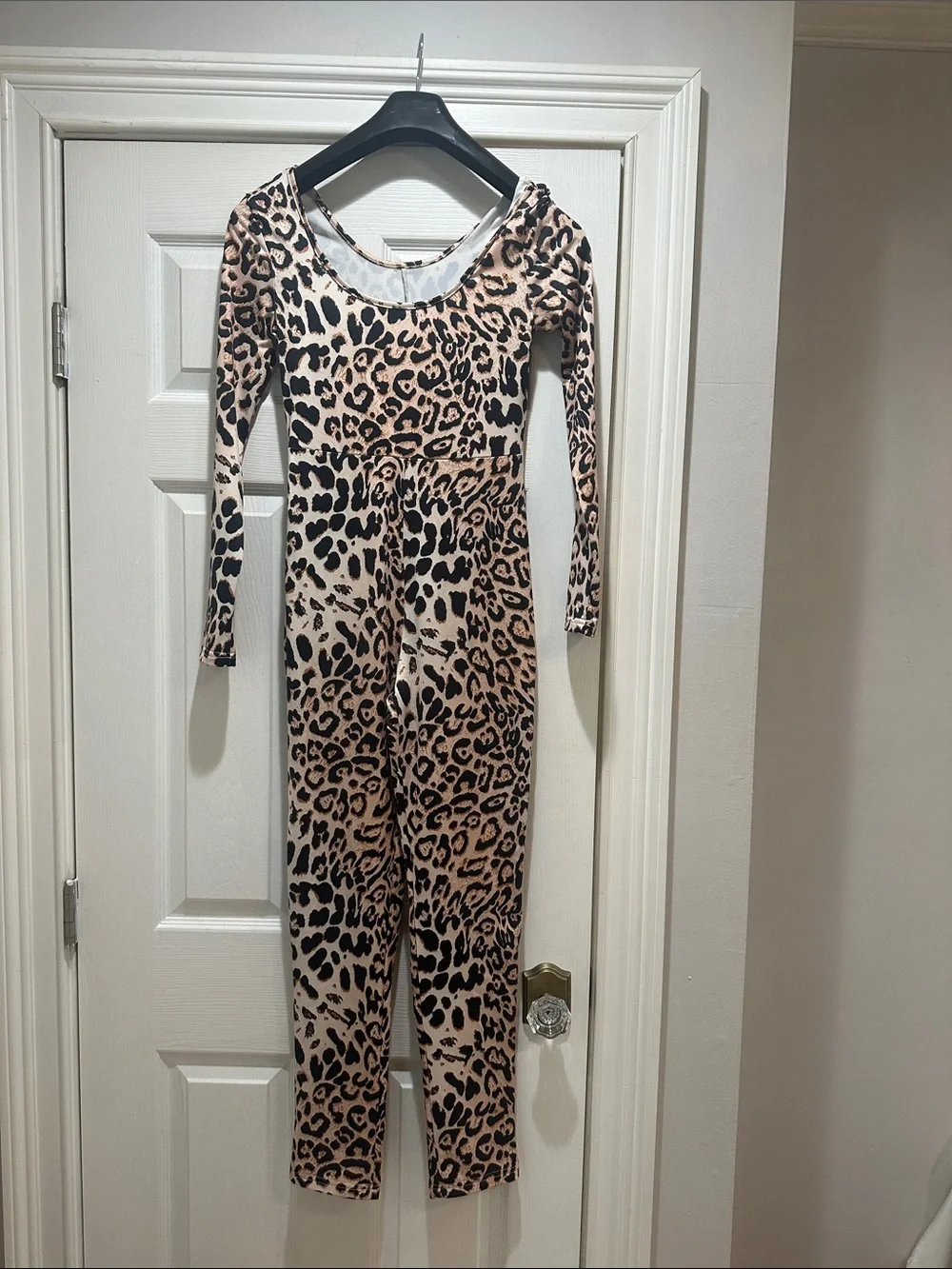 Leopard Print Long Sleeve Jumpsuit - Beige & Black